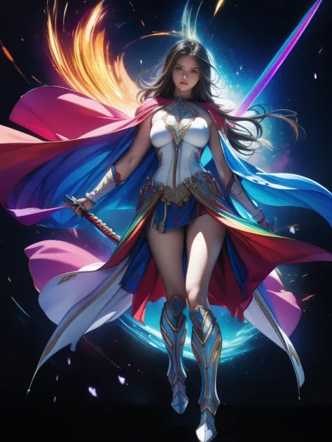  (8k), ( Redeem: 1.2), (Realistic), (Realistic: 1.37),  super high definition , 1 person, cute, smile,  beautiful details, narrow, (Large Breasts), RAINBOW CAPE , Rainbow Sword,  MARINE BLUE HEAVY ARMOR  ,  transparent  ,  SEXY MUSCULAR WOMAN BODY, whole b...