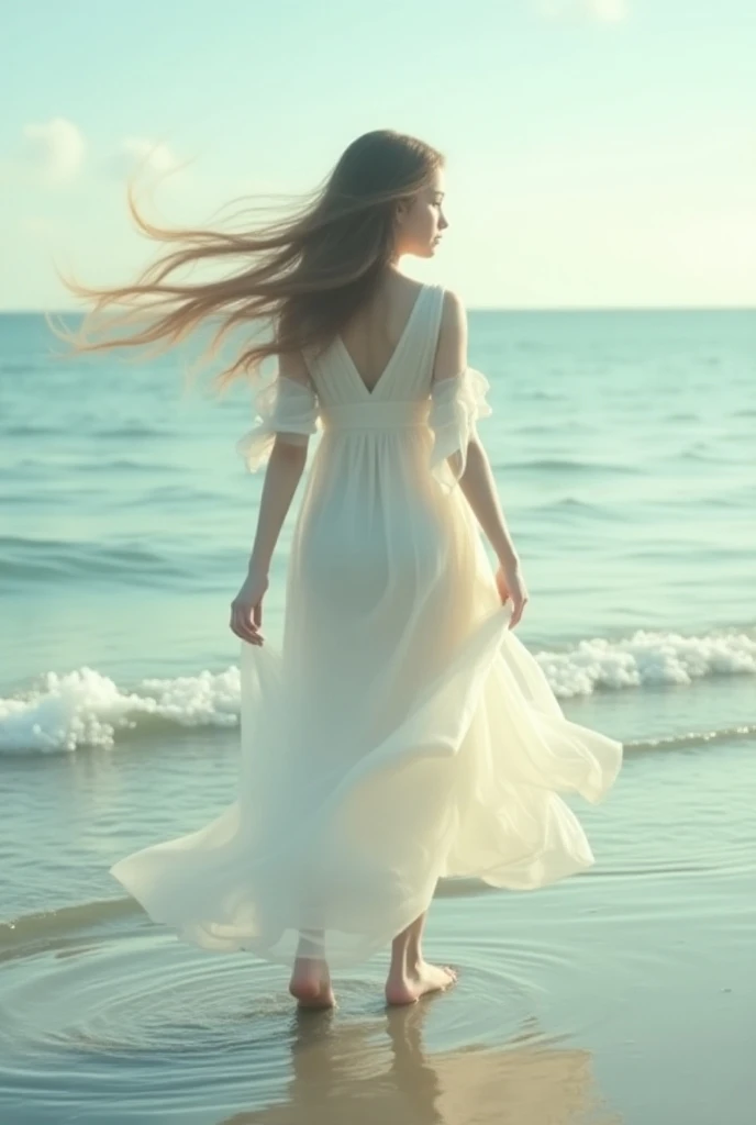 A girl walking towards the sea her hair is floating around her left side