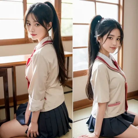 ((  japanese high school uniform)), wearing short pleated skirt  、 silk panties sticking out 、Taking photos、Emphasis on panties.、soft skin、ponytail,  japanese girl , 8k, huge breasts,Full body image、  Highest quality ,  Masterpieces, It is true, PhotoIt is...