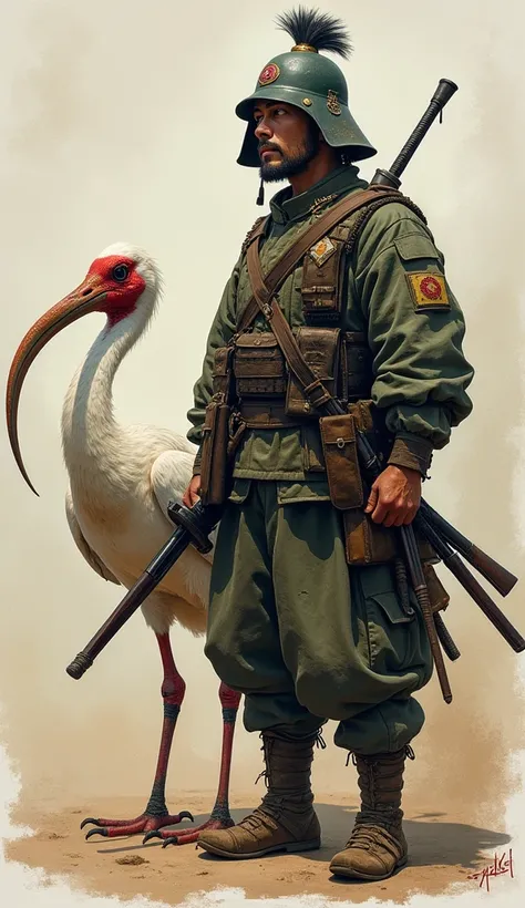 Draw a Japanese soldier, with an ibis next to him. Realistic and detailed. Background should be slightly blurred. The ibis is larger than the soldier. They are warriors who have fought many battles. It is dirty with dirt, but that is a proof that it worked...