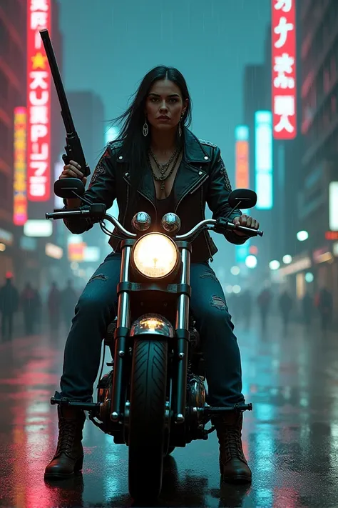 portrait motorcycled native american modern older woman, native tattoo, native earring, with leather black jacket native style, blue jeans, biker boots, holding a pump gun, older buildings, cyberpunk, neon modern city, slum, night, dark, rain, ghost in the...