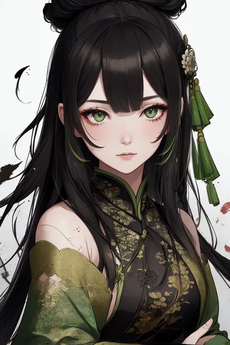 1 girl, heroin, elegant, splattered ink, Chinese armor, ( upper body),  black hair, floating hair, delicate eyes, Black and green antique damask hanfu, Field of view, (F1.8), ( masterpiece ), (portrait), toma frontal, white background, (movie poster), Arm