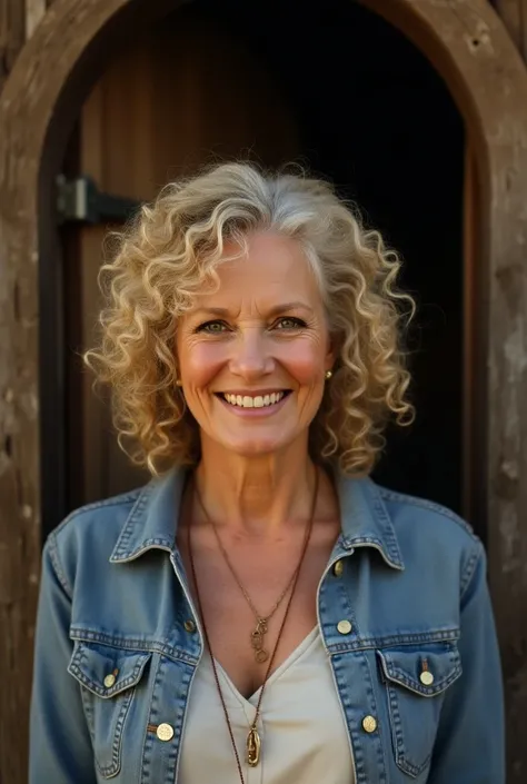 Curly haired 60-year-old blonde woman standing in front of a door 