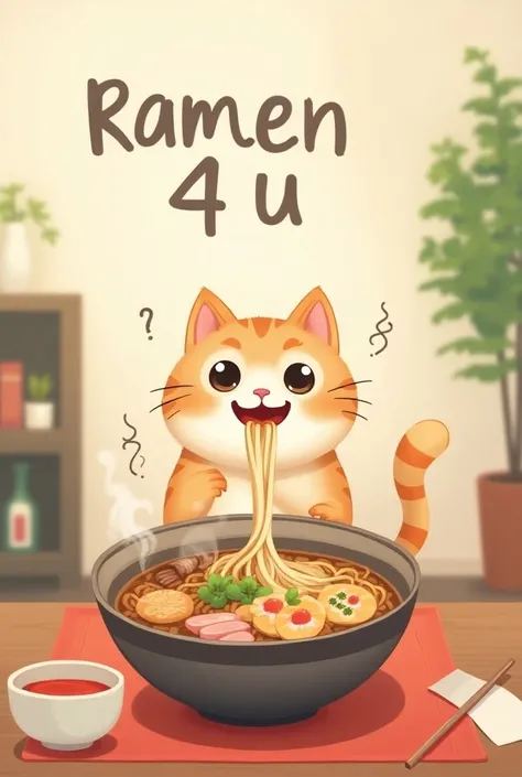 cute cat eat ramen and write  Ramen 4 u above in the picture