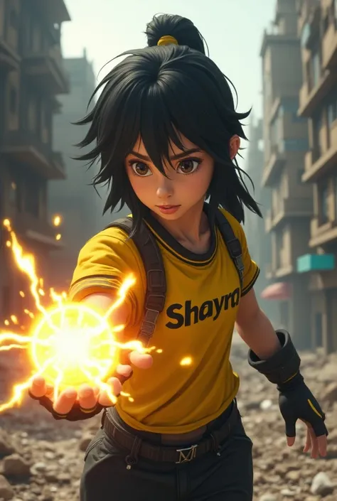 Dark-haired girl ,  making an energy ball in her hand,  eyes of electricity , yellow outfit with black , With the name Shayra written on the shirt, landscape of a destroyed city 