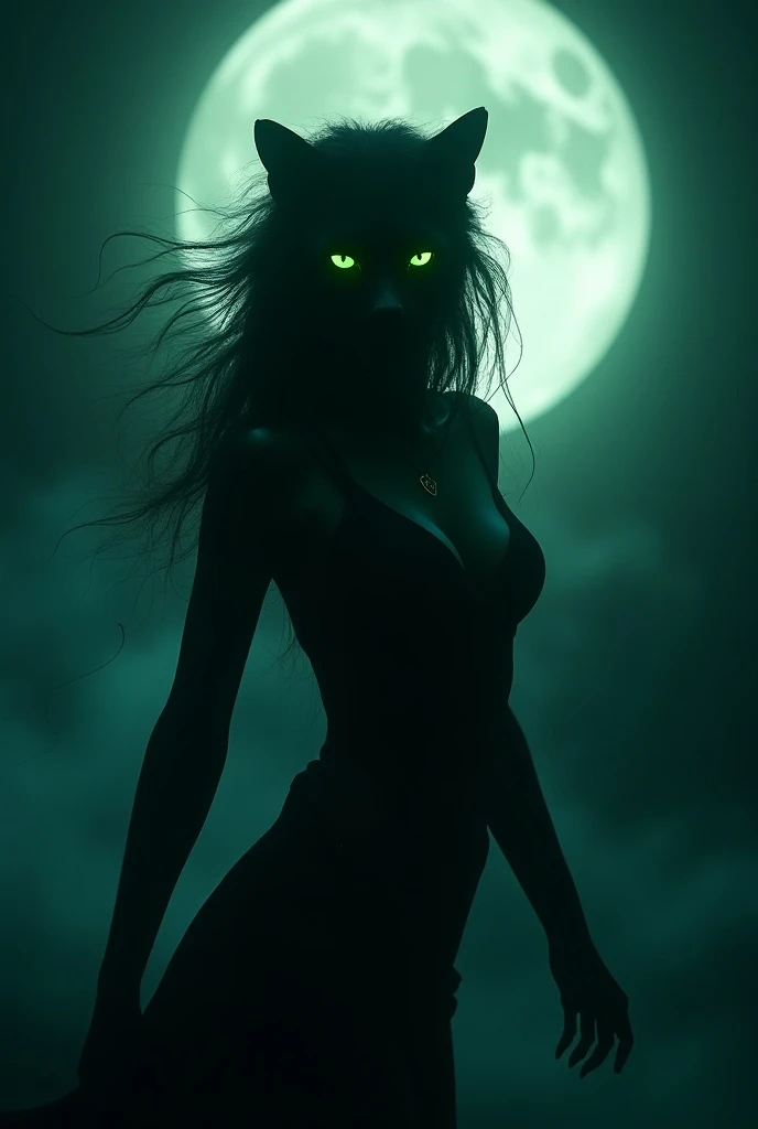 Show me a picture of a night witch, of the Moon, from the shadows, green, Cyan call of the sign Aquarius, vegetarian,sus colores favoritos son el azul y el green pero sobre todo el viridian y es una pantera de ojos green neón del Amazonas. 
without hat. He...