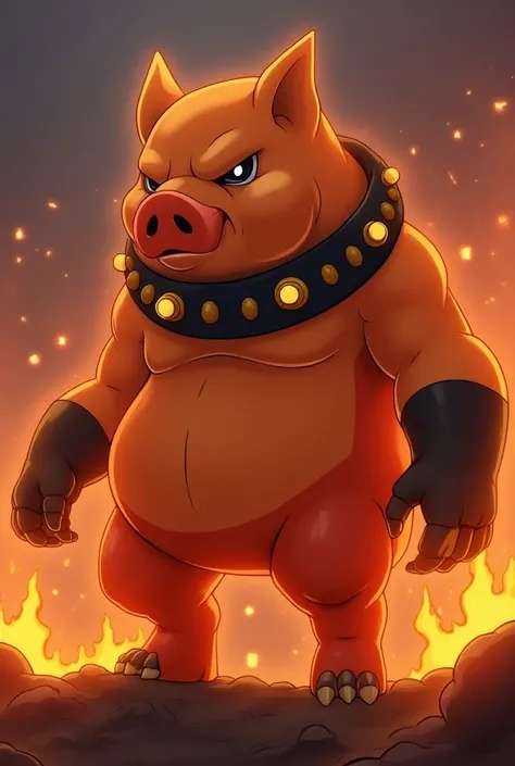 Flambirex rises majestically above a volcano with blazing flames in the background. Its body is surrounded by glowing lava streams and its eyes sparkle with energy. Flambirex is a pig-like Pokémon with a tall, stocky stature. Its upper body and stocky head...