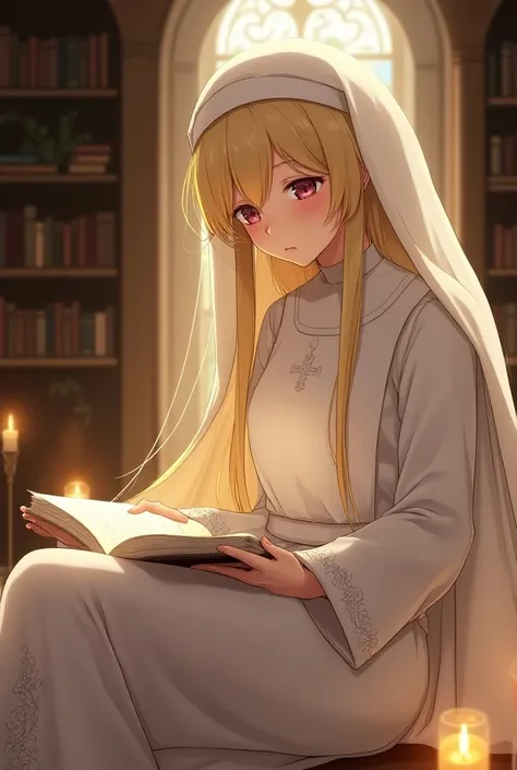 Blonde anime nun ,  reading a book while my legs look perfect and sexy