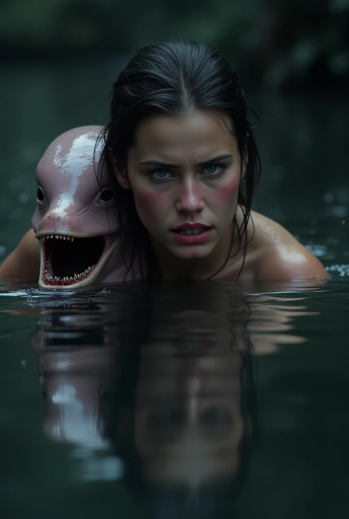 Clara’s terrified face is reflected in the river, along with the fully transformed Boto Cor-de-Rosa beside her. The creature’s skin is now slick and pink, with empty black eyes and a predatory smile. The water is calm but deep, with only faint ripples as C...