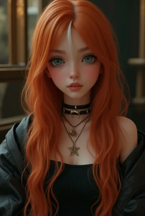  Make a hyper-realistic image of Leila Williams , personagem da sagaHarry Potter,  beautiful 15-year-old teenage girl .  Long straight fire-colored hair with two highlighted white locks on the front and blue-green eyes. pentagram necklace. stylish clothes.