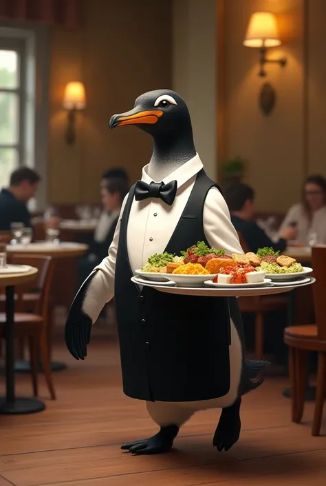 Un pingouin serveur qui sert pleins de plat différents 