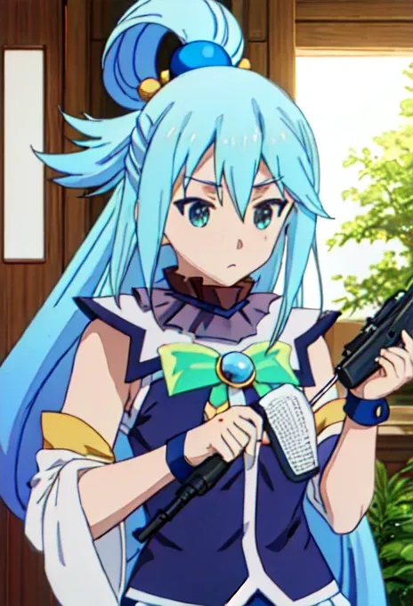 {safe:1.10},  better quality,  masterpiece, highres, alone, {aqua_konosuba:0.90}, full_body, ((holding a caribbean 38 pistol