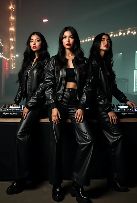 Three Beautiful asian womans in leather bomber oversize jacket and leather shoes and leather wide leg pants and dj scratching