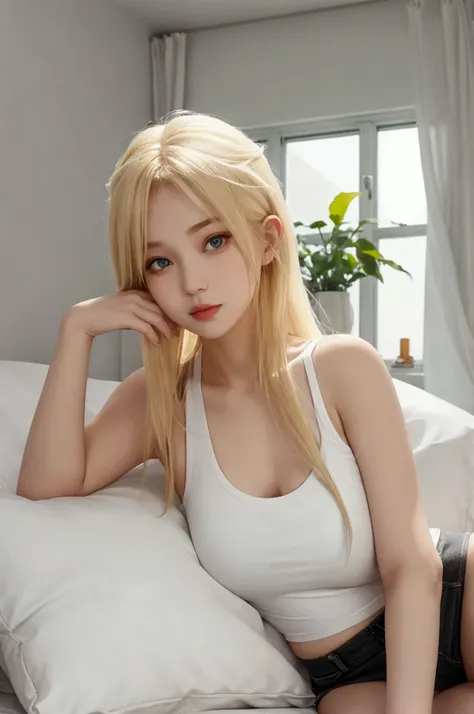 A 22-year-old blonde girl ,   white tank top leaning against the bed with several pillows,   holding a cup of coffee ,   looking at the viewer