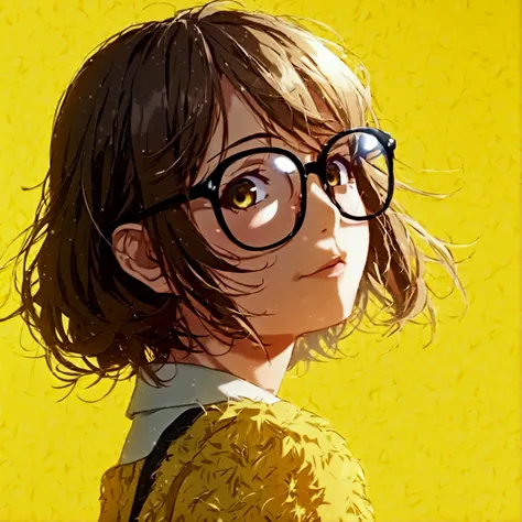 cute human girl 、Soft atmosphere、 wearing big glasses、Best Quality、Light Yellow Background、Fluffy hair、Brown Hair