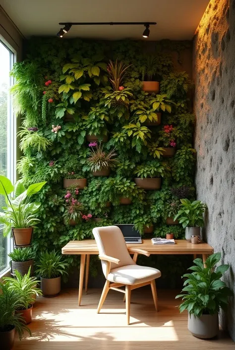 home office ,  one wall phyto-modules with plants and flowers,  another wall is an imitation of a mountain rock 