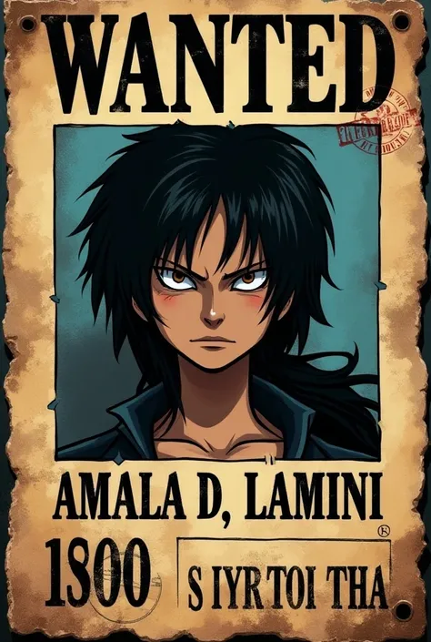  hi my dear ,  you could make a wanted poster like those in the Work One Piece,  please I want exactly as written here :  Write like this : Wasted em cima,  The name of the wanted is Amala D . Lamini,  the reward is 500 .000.000 Millions 