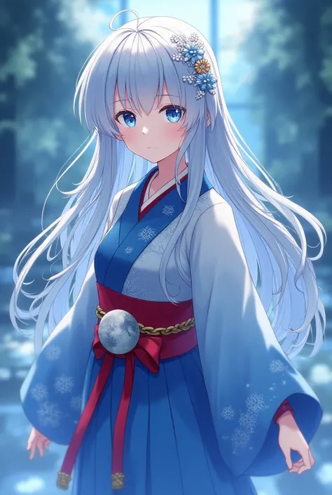  Named Yuki Hoshizora , She has long silver hair that falls in soft waves to her waist,  with blue locks that shine in the sunlight ,  as if they were dyed with the night sky . your eyes are a deep blue,  appearing to reflect the stars ,  and they have an ...