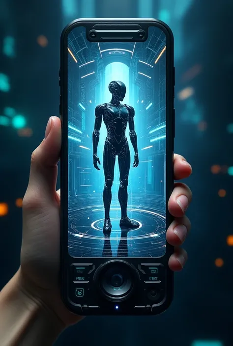 Image of a television remote control with a large screen cyber space futuristic Android with an image inside the remote control with a futuristic cyber space screen in the hand of a human person 