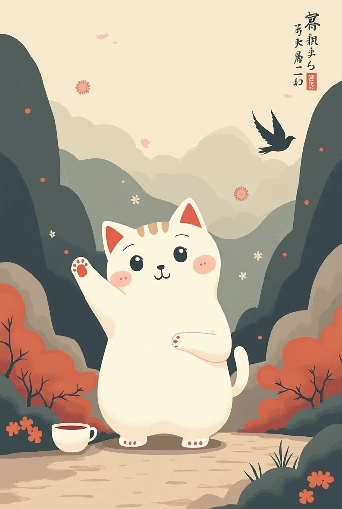 muted tones,  is possible using black, gray, beige,  tones of red or blue .
 The image of neko  ( of a Japanese mascot cat )  with raised paw ,  seems to be waving goodbye . Inscription "sugu modorimasu " in English letters ,  is located next to the cat in...