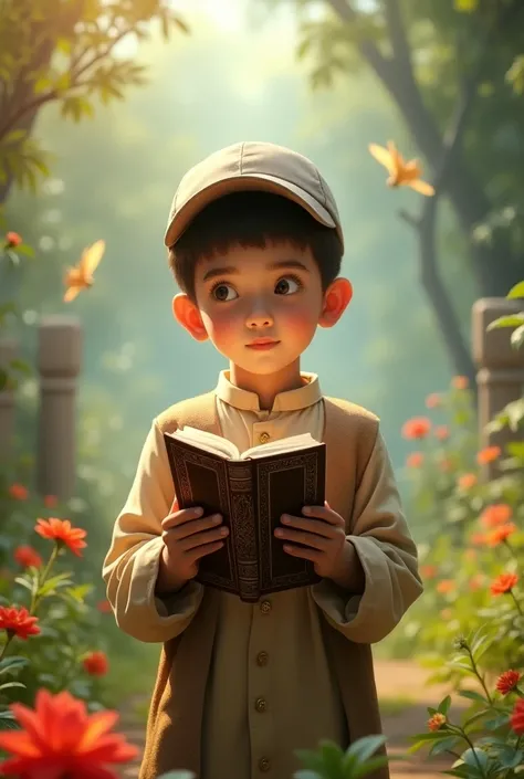 A boy with cap ,is ready Quran in haven , flower and garden ,in the blessing of god ,two farista seeing him

