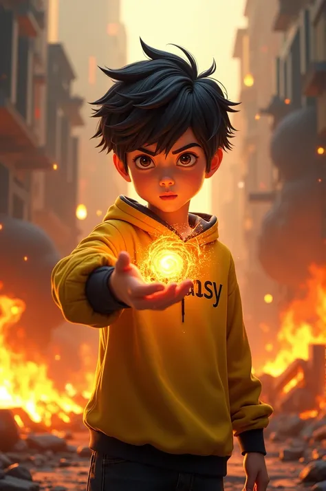  Dark-haired boy yellow clothing with black details, With the name Queasy written on the shirt ,  making a fireball with his hand , cityscape engulfed in flames