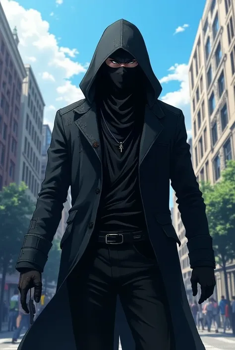 Man in ripped thief clothes, an all-black overcoat with cabus and a black mask that covers his mouth to his nose in anime style in an action pose in a sunny city