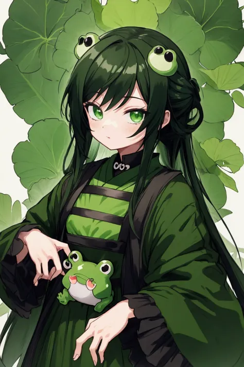 anime characters dressed in green and black with a frog on their back, green clothes, wearing green clothing, green clothing, green and black, black and green, green and black colors, style anime, green hood, anime style, in anime style, anime style only, ...