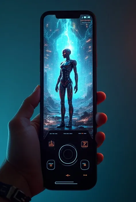 Image of a television remote control with a large screen cyber space futuristic Android with an image inside the remote control with a futuristic cyber space screen in the hand of a human person 