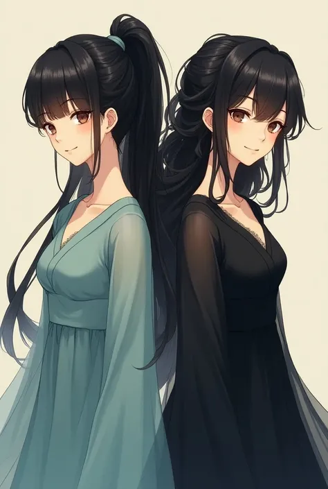 A woman with long black hair in a ponytail ,with a fringe,wearing a blue-green dress .  And a woman with long curly hair in a hairstyle on her side,smiling,of black dress. 3x4