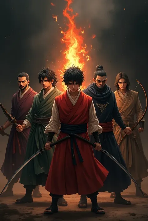  5 Angry Anime character standing side by side
One having sword
Second having bow and arrow
Third having bamboo
Fourth having chakra
Fifth in center having fire power