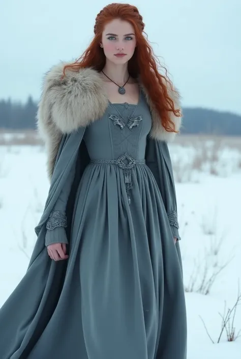 Create a very attractive young Stark girl with reddish hair and blue eyes wearing a long gray dress with wolf pendants and a large animal skin cape walking in the snow 