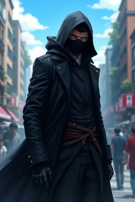 Man in ripped thief clothes, an all-black overcoat with cabus and a black mask that covers his mouth to his nose in anime style in an action pose in a sunny city