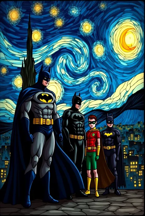  Image - Stained Glass  .  City of Gotham .  Batman and Batfamily, batsignal in the sky .  Van Gogh Night 