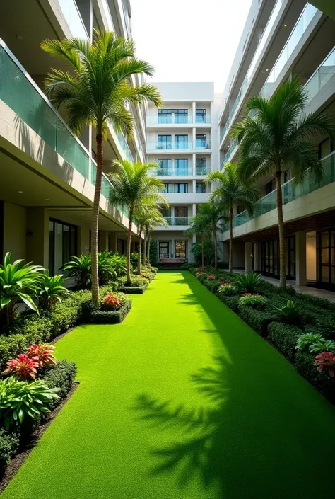 Small green area in the center of a hotel, Let the area measure 16 meters wide and 20 meters long
 Without palm trees 
