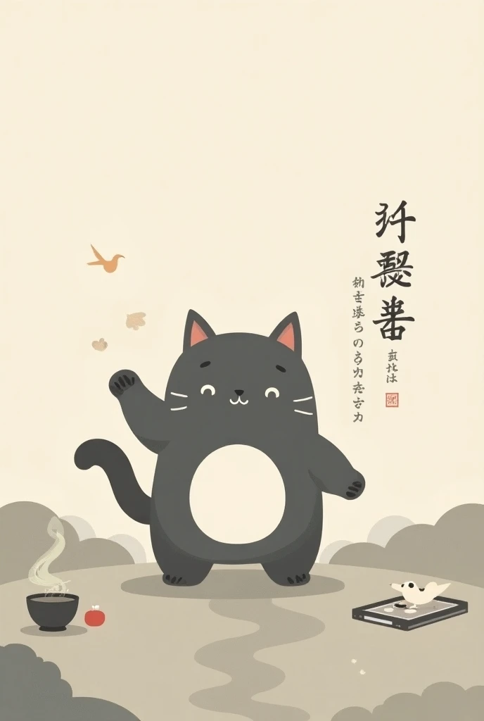 muted tones,  is possible using black, gray, beige,  tones of red or blue .
 The image of neko  ( of a Japanese mascot cat )  with raised paw ,  seems to be waving goodbye . Inscription "sugu modorimasu " in English letters ,  is located next to the cat in...