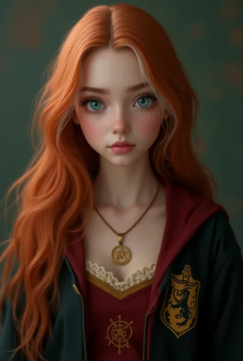  Make a hyper-realistic image of Leila Williams , personagem da saga Harry Potter,  beautiful 15-year-old teenage girl .  Long straight fire-colored hair with two highlighted white locks on the front and blue-green eyes. full body. pentagram necklace. Unif...