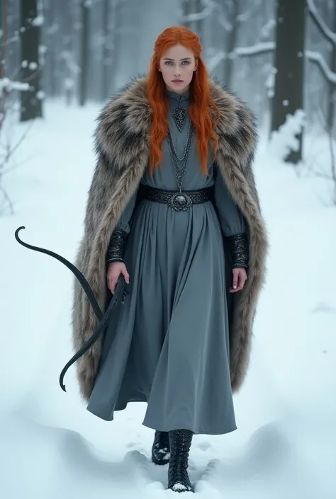 Create a very attractive young Stark girl with reddish hair and blue eyes wearing a long gray dress with wolf pendants and a large animal skin cape walking through the snow holding a bow 