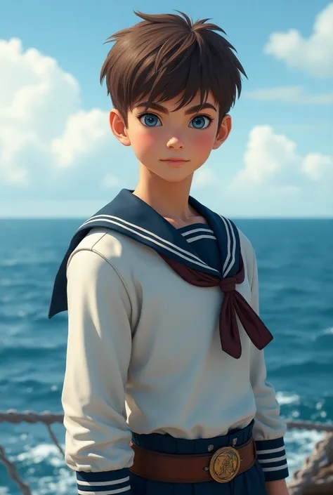 Boy with short brown hair and blue eyes who looks like a sailor and who looks like a god 