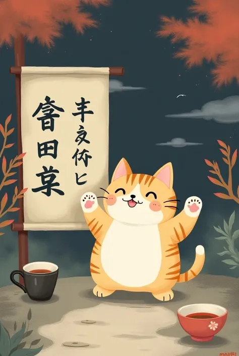 muted tones,  elements, possibly using black , gray, beige,  red or blue .
 The image of neko  ( of a Japanese mascot cat )  with raised paw ,  seems to be waving goodbye . Inscription "sugu modorimasu " in English letters ,  is located next to the cat in ...