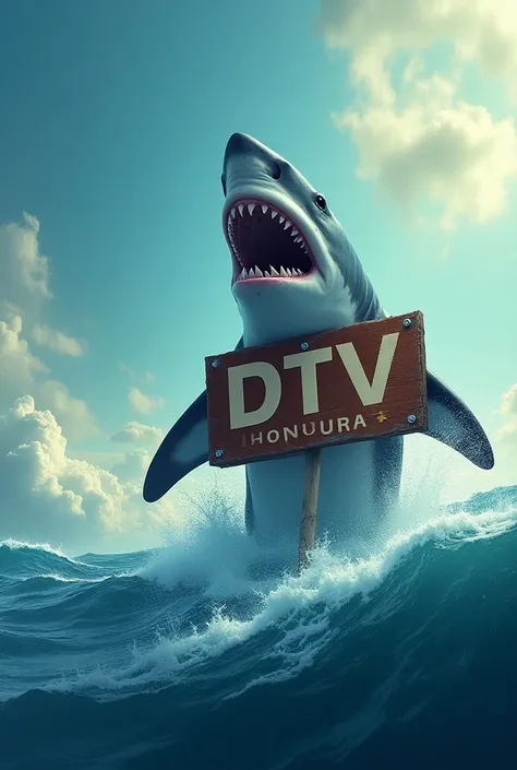 Shark leaving Mar ,  showing a sign that says DTV Honduras 