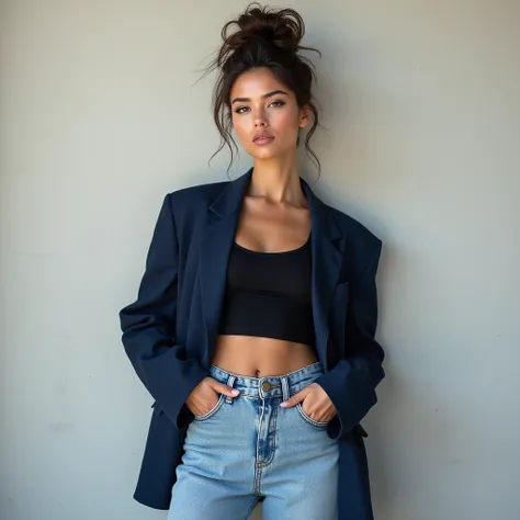 ultra realistic woman poses confidently in a minimalistic, high-fashion look, standing against a neutral-colored wall that draws attention to her striking presence. She is wearing a navy blue oversized blazer, draped loosely over her frame, with nothing un...