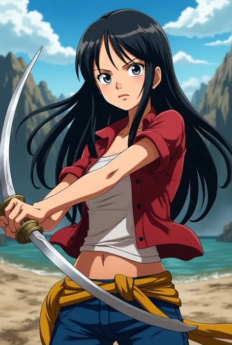  Screenshot One Piece Anime Style , Pretty young girl with long black hair and gray eyes with sword, From the crew of Luffy 