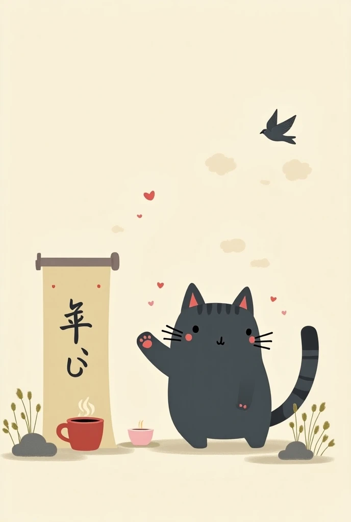 muted tones,  is possible using black, gray, beige,  tones of red or blue .
 The image of neko  ( of a Japanese mascot cat )  with raised paw ,  seems to be waving goodbye . Inscription "sugu modorimasu " in English letters ,  is located next to the cat in...