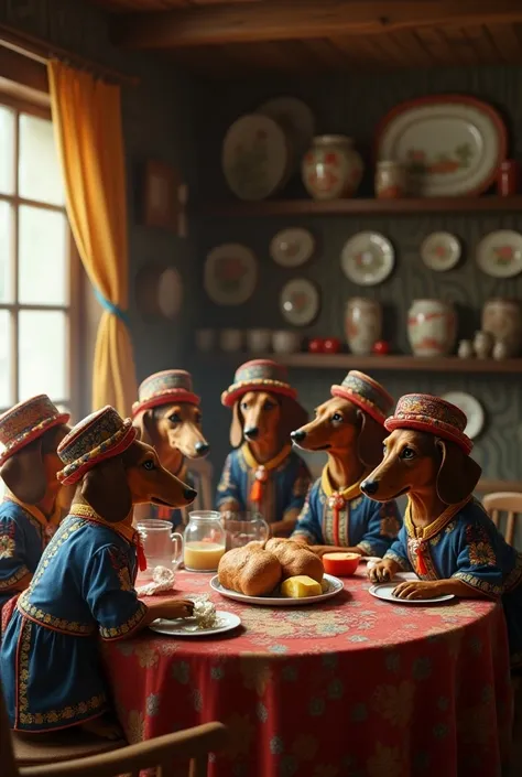 Dachshunds are eating lard and drinking vodka in traditional Ukrainian costumes in a Ukrainian house