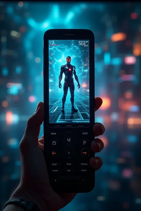 Image of a television remote control with a large screen cyber space futuristic Android with an image inside the remote control with a futuristic cyber space screen in the hand of a human person 