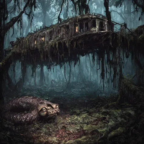 a rusting abandoned ship in a dense forest, surrounded by coiled pythons, highly detailed, 8K resolution, photorealistic, dramatic lighting, grungy atmosphere, overgrown plants, moss-covered hull, peeling paint, rust textures, snake scales, muscular python...