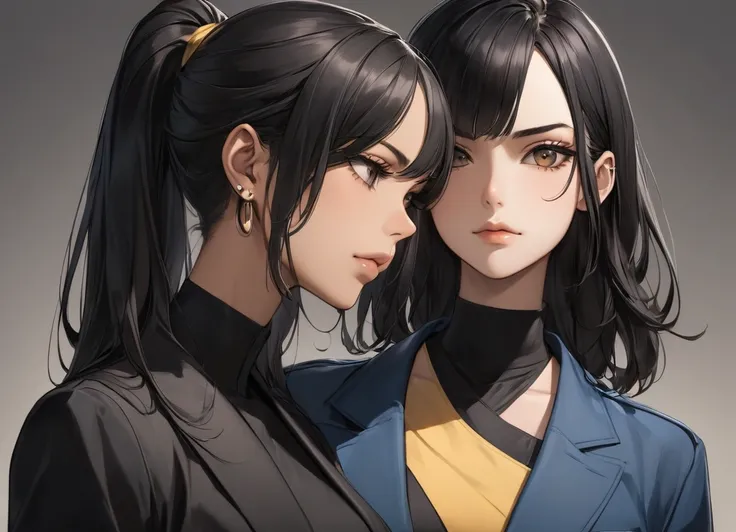 semi-realistic anime-style of two girls looking at each other. one girl with short, sleek black hair in a sharp bob that grazes just below her jawline. She has a warm tan skin tone with a slight golden undertone, and piercing black eyes. Her eyes are almon...