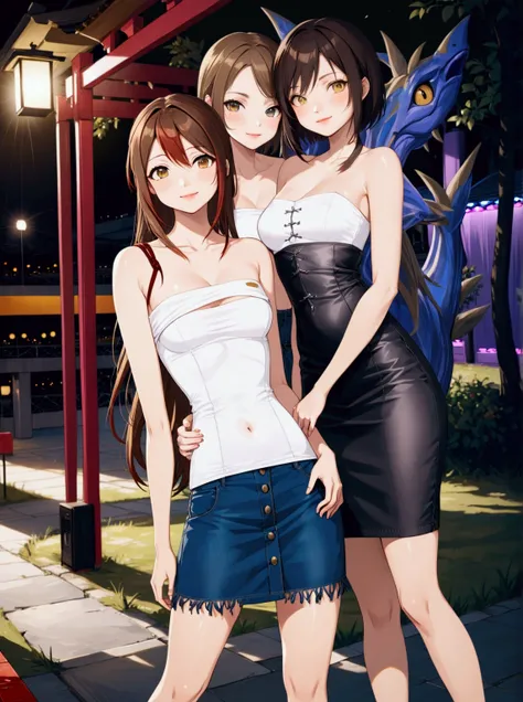 pretty young girls, hanging out at night party togethers, they are in  brown hair, wear strapless pencil dress, denim pencil mini skirt, BREAK, ((masterpiece:1.2), (best quality:1.2), (very aesthetic:1.2), (absurdres:1.2), (detailed background),intricate d...