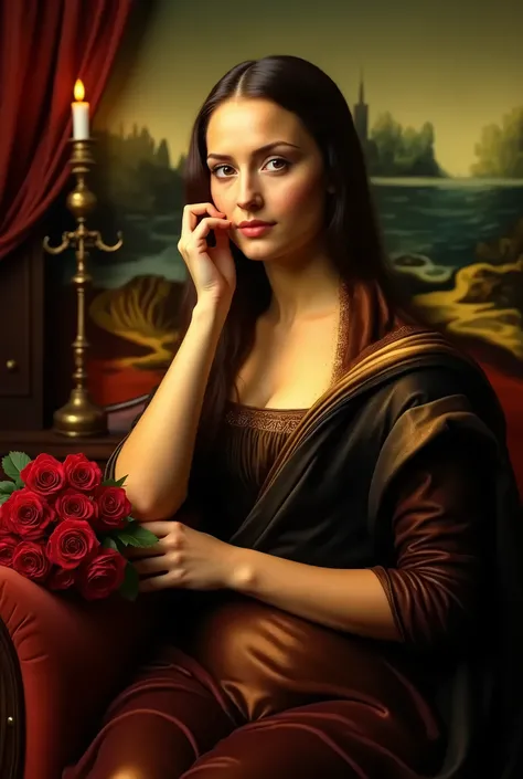 A captivating reimagining of Leonardo da Vincis iconic Mona Lisa, but with a seductive twist. Instead of her enigmatic half-smile and demure gaze, she adopts a more alluring posture. She leans slightly to one side, resting an elbow on the armrest of a plus...